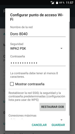 Introduzca una contraseña de punto de acceso Wi-Fi de al menos 8 caracteres y seleccione GUARDAR