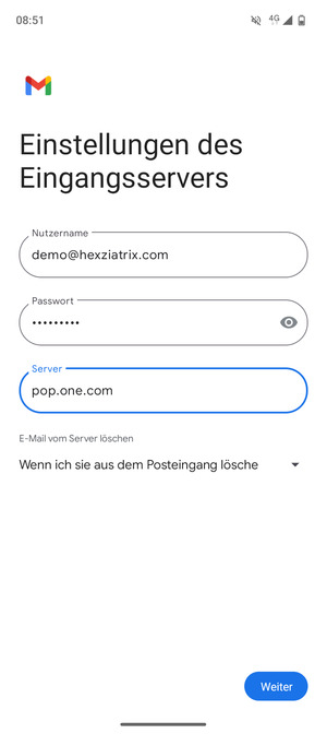 Geben Sie die Server-Adresse für ausgehende Post ein und wählen Sie Weiter