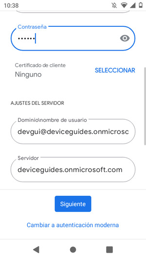 Introduzca Nombre de usuario y la dirección de servidor Exchange. Seleccione Siguiente