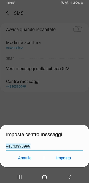 Inserisci il numero di Centro messaggi e seleziona Imposta