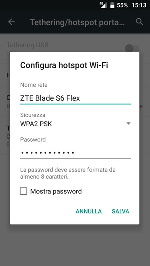 Inserisci una password dell'hotspot Wi-Fi di almeno 8 caratteri e seleziona SALVA
