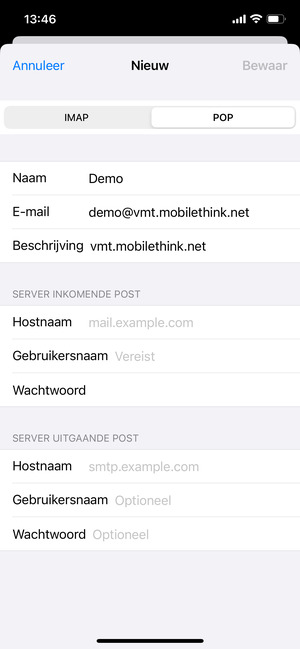 Selecteer POP of IMAP en voer e-mailgegevens voor SERVER INKOMENDE POST in