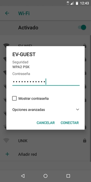 Introduzca la contraseña de Wi-Fi y seleccione CONECTAR