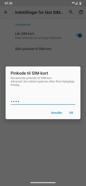 Indtast din Nuværende pinkode til SIM-kort og vælg OK