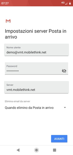 Inserisci Nome utente e l'indirizzo del server di posta in arrivo. Seleziona AVANTI
