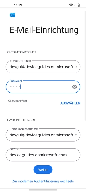 Geben Sie Benutzername und Exchange Server-Adresse ein. Wählen Sie Weiter