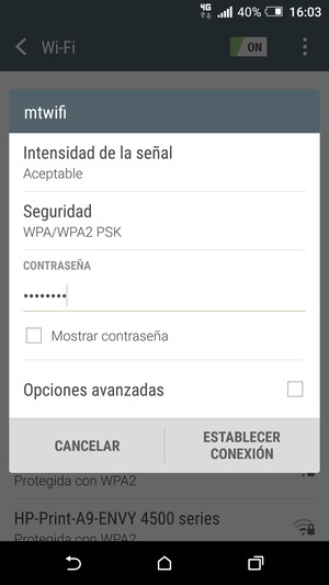 Introduzca la contraseña de Wi-Fi y seleccione ESTABLECER CONEXIÓN