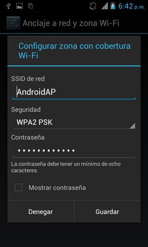 Introduzca una contraseña de punto de acceso Wi-Fi de al menos 8 caracteres y seleccione Guardar