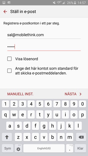 Ange din e-postadress och lösenord. Välj MANUELL INST.