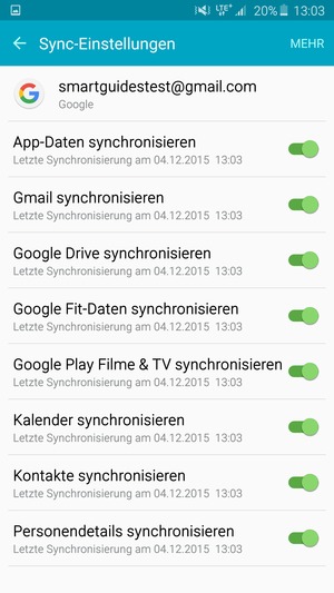 Stellen Sie sicher, dass Kontakte synchronisieren ausgewählt ist, und wählen Sie MEHR
