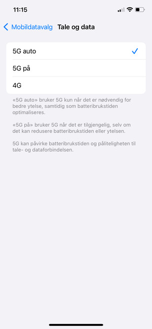 Hvis du ser dette skjermbildet, velg 5G