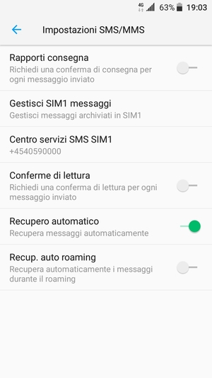 Seleziona Centro servizi / Centro servizi SMS SIM