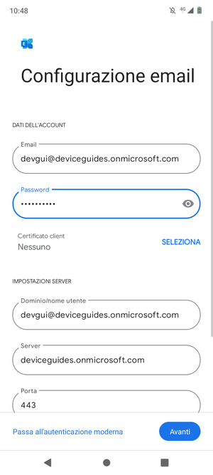 Inserisci Nome utente e l'indirizzo del server Exchange. Seleziona Avanti