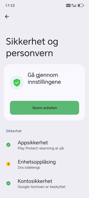 For å aktivere skjermlåsen, gå til Sikkerhet og personvern-menyen og velg Enhetsopplåsning