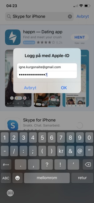 Skriv inn Apple ID brukernavn og passord og velg OK