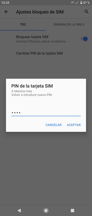 Confirme su nuevo PIN de la tarjeta SIM y seleccione ACEPTAR