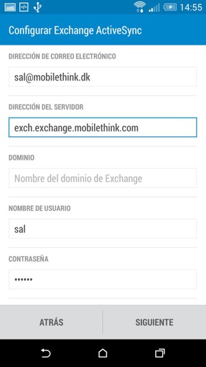 Introduzca dirección del servidor Exchange y Nombre de usuario. Seleccione SIGUIENTE