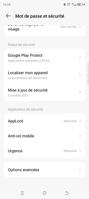Pour modifier le code PIN de la carte SIM, allez dans le menu Mot de passe et sécurité et sélectionnez Options avancées