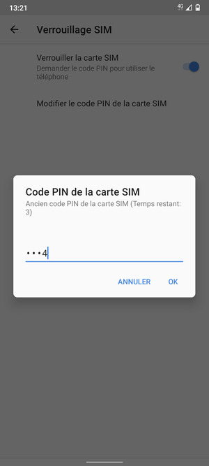 Saisissez Ancien code PIN de la carte SIM et sélectionnez OK