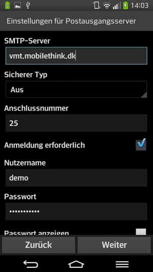 Geben Sie die Server-Adresse für ausgehende Post ein