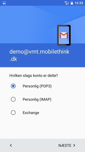 Vælg Personlig (POP3) eller Personlig (IMAP) og vælg NÆSTE