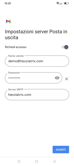 Inserisci l'indirizzo del server di posta in uscita e seleziona AVANTI