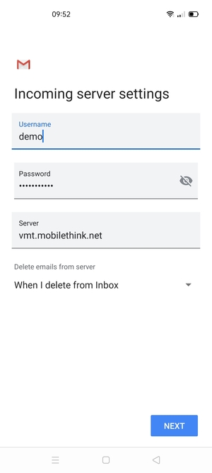 Enter Username and Incoming server address. Select NEXT