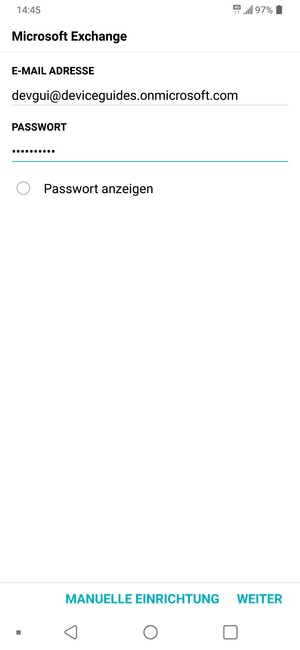 Geben Sie Ihre E-Mail-Adresse und Ihr Passwort ein. Wählen Sie MANUELLE EINRICHTUNG