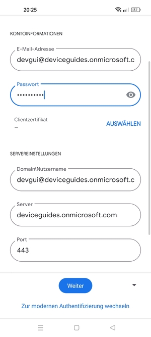 Geben Sie Benutzername und Exchange Server-Adresse ein. Wählen Sie Weiter