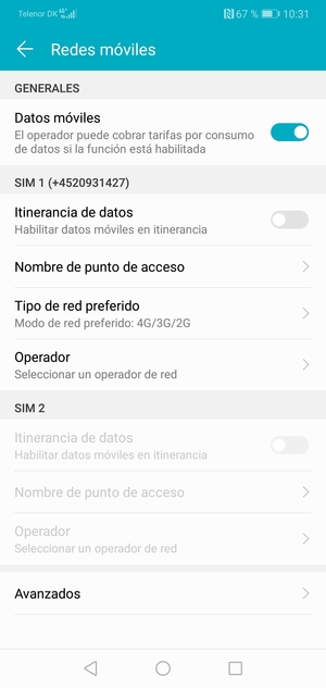Desplácese a SIM 1 o SIM 2 y seleccione Nombre de punto de acceso