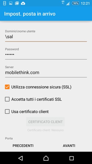 Inserisci Nome utente e l'indirizzo del server Exchange. Seleziona AVANTI