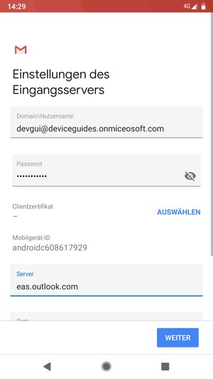 Geben Sie Benutzername und Exchange Server-Adresse ein. Wählen Sie WEITER