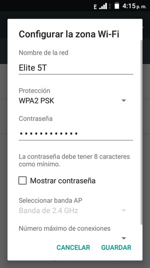 Introduzca una contraseña de punto de acceso Wi-Fi de al menos 8 caracteres y seleccione GUARDAR