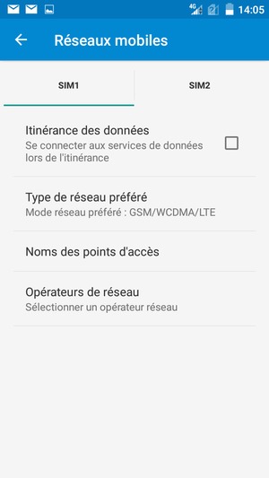 Sélectionnez la carte SIM puis Noms des point d'accès