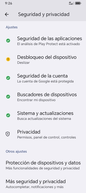 Desplácese y seleccione Más seguridad y privaicdad