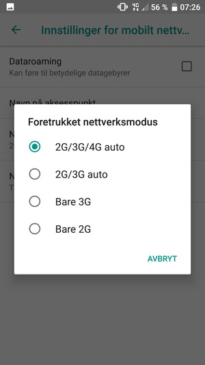 Velg ønsket alternativ