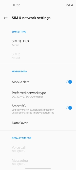 Select SIM 1 or SIM 2