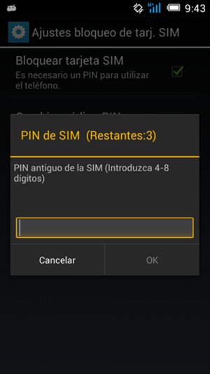 Introduzca su PIN antiguo de la SIM y seleccione OK