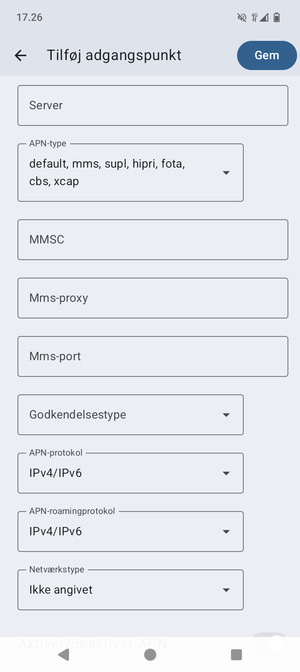 Scroll til og vælg APN-type
