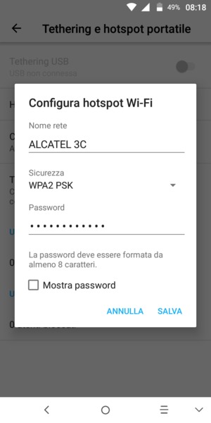 Inserisci una password dell'hotspot Wi-Fi di almeno 8 caratteri e seleziona SALVA