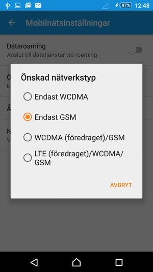 Välj Endast GSM för att aktivera 2G