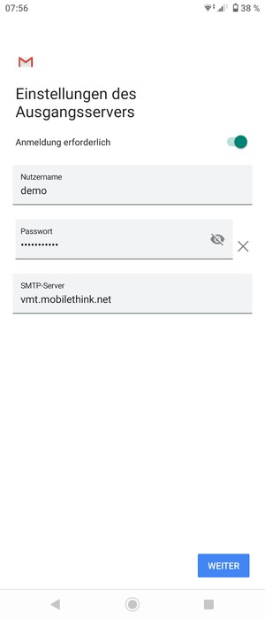 Geben Sie die Server-Adresse für ausgehende Post ein.