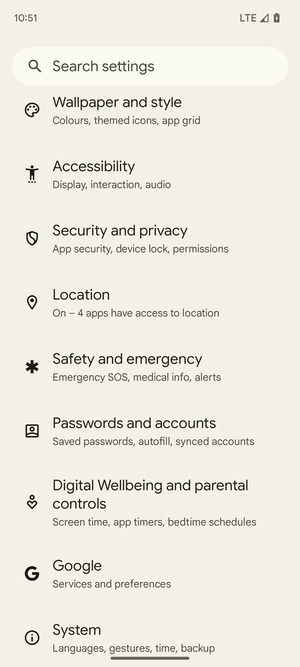 Scroll to and select Security and privacy