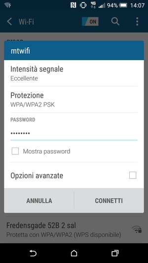 Inserisci la password del Wi-Fi e seleziona CONNETTI
