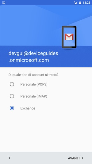 Seleziona Exchange e AVANTI