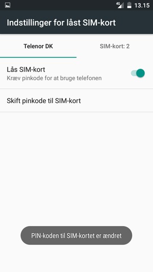 Din PIN-kode til SIM-kort er nu ændret