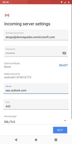 Enter Username and Exchange server address. Select NEXT