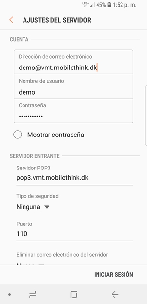 Introduzca Nombre de usuario y la dirección de servidor entrante