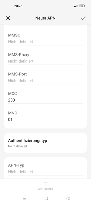 Scrollen Sie nach unten und geben Sie Internetinformationen ein