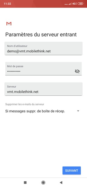 Saisissez votre Nom d'utilisateur et l'adresse du serveur entrant. Sélectionnez SUIVANT
